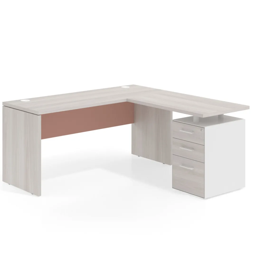 Mesa de Escritorio con cajones en L Work Plus fondo 60, frontales melamina estructura california