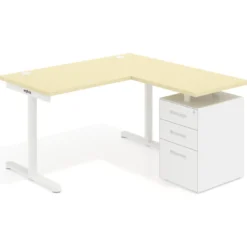 Mesa de Escritorio con cajones, fondo 68cm, estructura blanca, ala corta, pedestal metálico