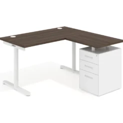 Mesa de Escritorio con cajones, fondo 68cm, estructura blanca, ala corta, pedestal metálico