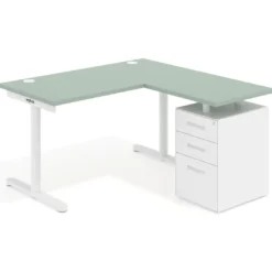 Mesa de Escritorio con cajones, fondo 68cm, estructura blanca, ala corta, pedestal metálico