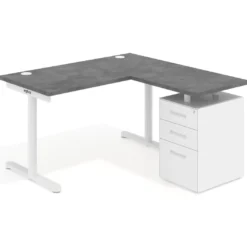 Mesa de Escritorio con cajones, fondo 68cm, estructura blanca, ala corta, pedestal metálico