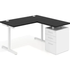 Mesa de Escritorio con cajones, fondo 68cm, estructura blanca, ala corta, pedestal metálico
