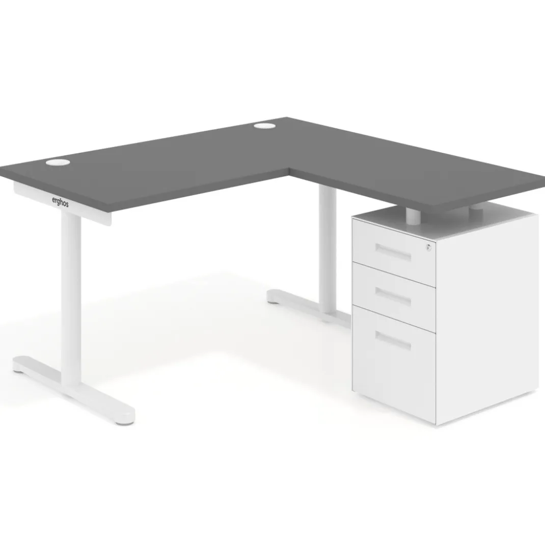 Mesa de Escritorio con cajones, fondo 68cm, estructura blanca, ala corta, pedestal metálico