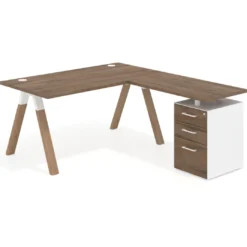 Mesa de escritorio en L con cajones UvePro, estructura blanca/madera, ala pedestal melamina