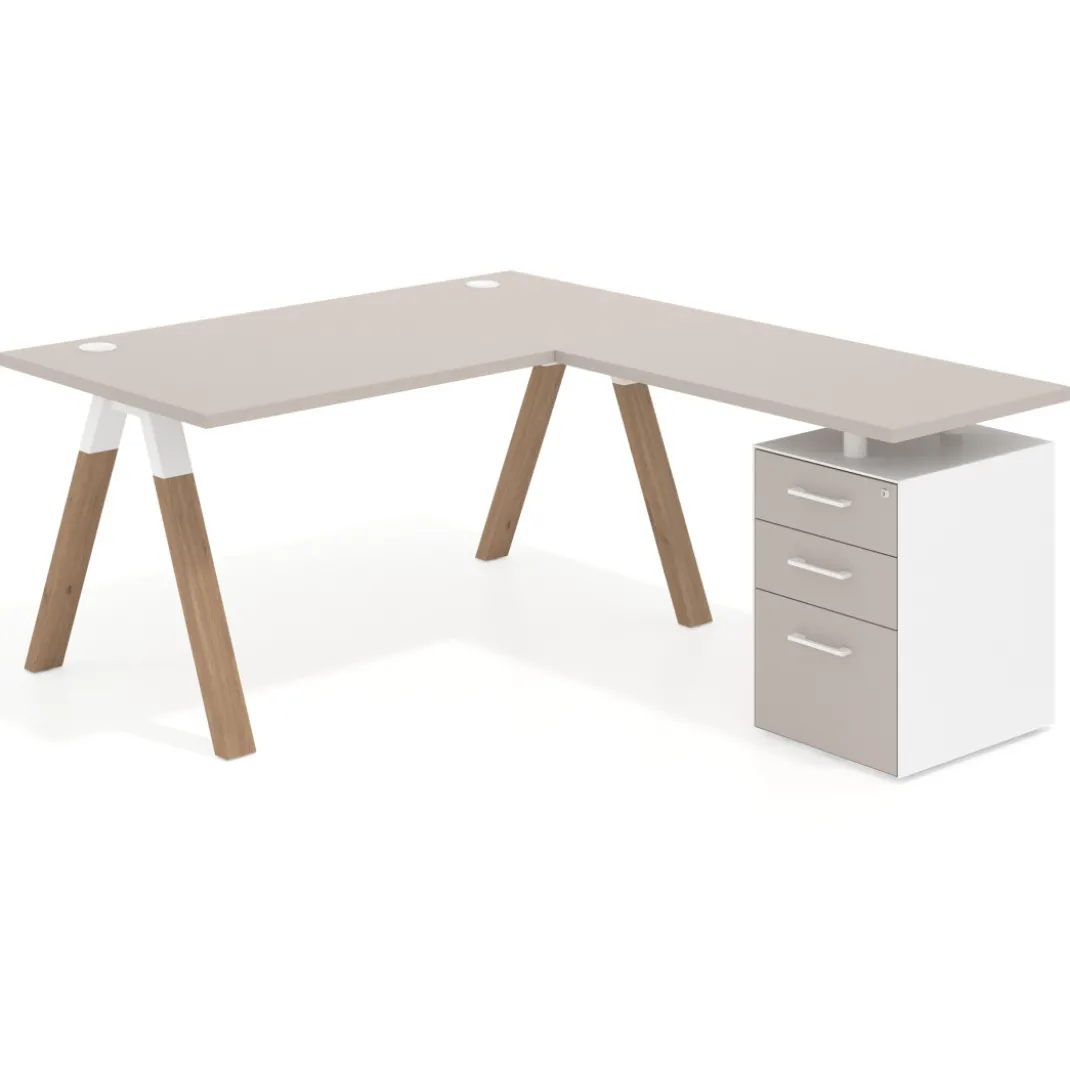 Mesa de escritorio en L con cajones UvePro, estructura blanca/madera, ala pedestal melamina