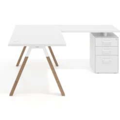 Mesa de escritorio en L con cajones UvePro, estructura blanca/madera, ala pedestal melamina