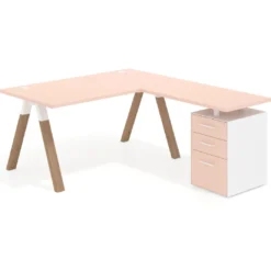 Mesa de escritorio en L con cajones UvePro, estructura blanca/madera, ala pedestal melamina