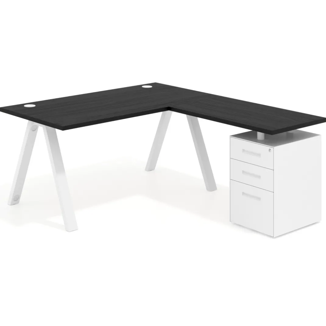 Mesa de escritorio en L con cajones UvePro, estructura blanca, ala pedestal metal