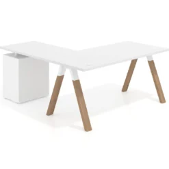 Mesa de escritorio en L con cajones UvePro, estructura blanca/madera, ala pedestal melamina