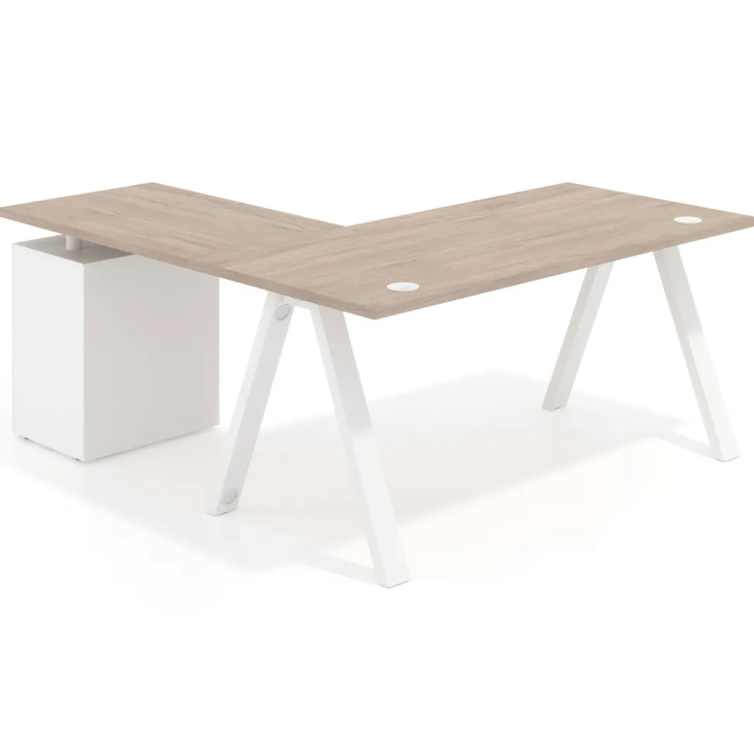 Mesa de escritorio en L con cajones UvePro, estructura blanca, ala pedestal metal