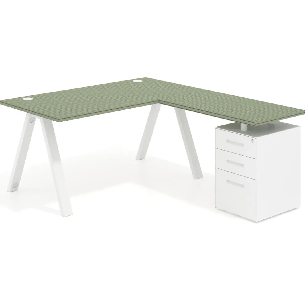 Mesa de escritorio en L con cajones UvePro, estructura blanca, ala pedestal metal