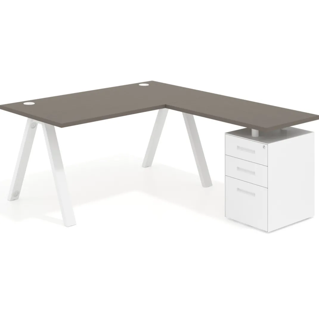 Mesa de escritorio en L con cajones UvePro, estructura blanca, ala pedestal metal