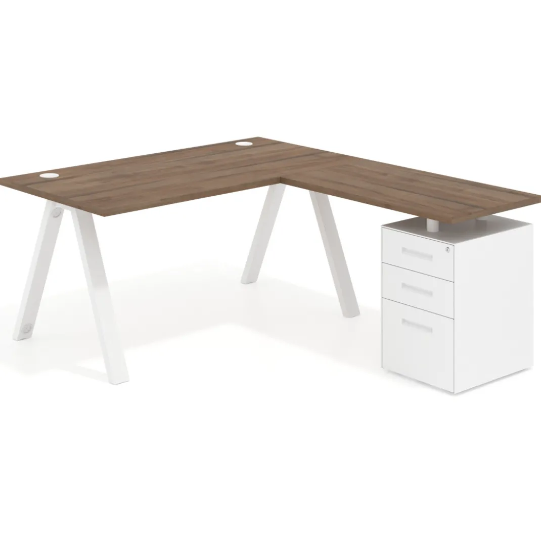 Mesa de escritorio en L con cajones UvePro, estructura blanca, ala pedestal metal