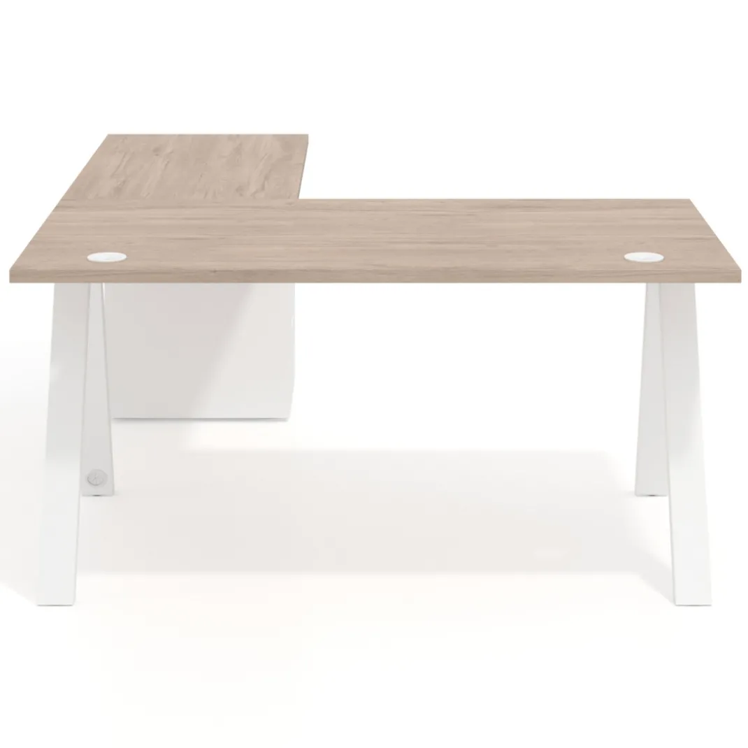 Mesa de escritorio en L con cajones UvePro, estructura blanca, ala pedestal metal