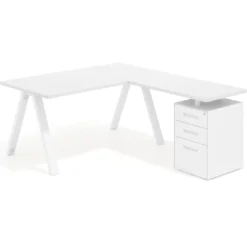 Mesa de escritorio en L con cajones UvePro, estructura blanca, ala pedestal metal