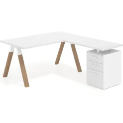 Mesa de escritorio en L con cajones UvePro, estructura blanca/madera, ala pedestal melamina