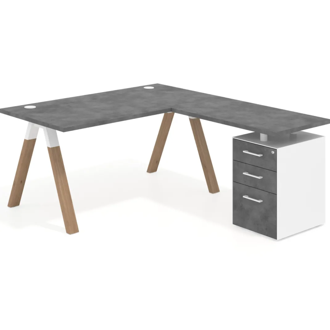 Mesa de escritorio en L con cajones UvePro, estructura blanca/madera, ala pedestal melamina