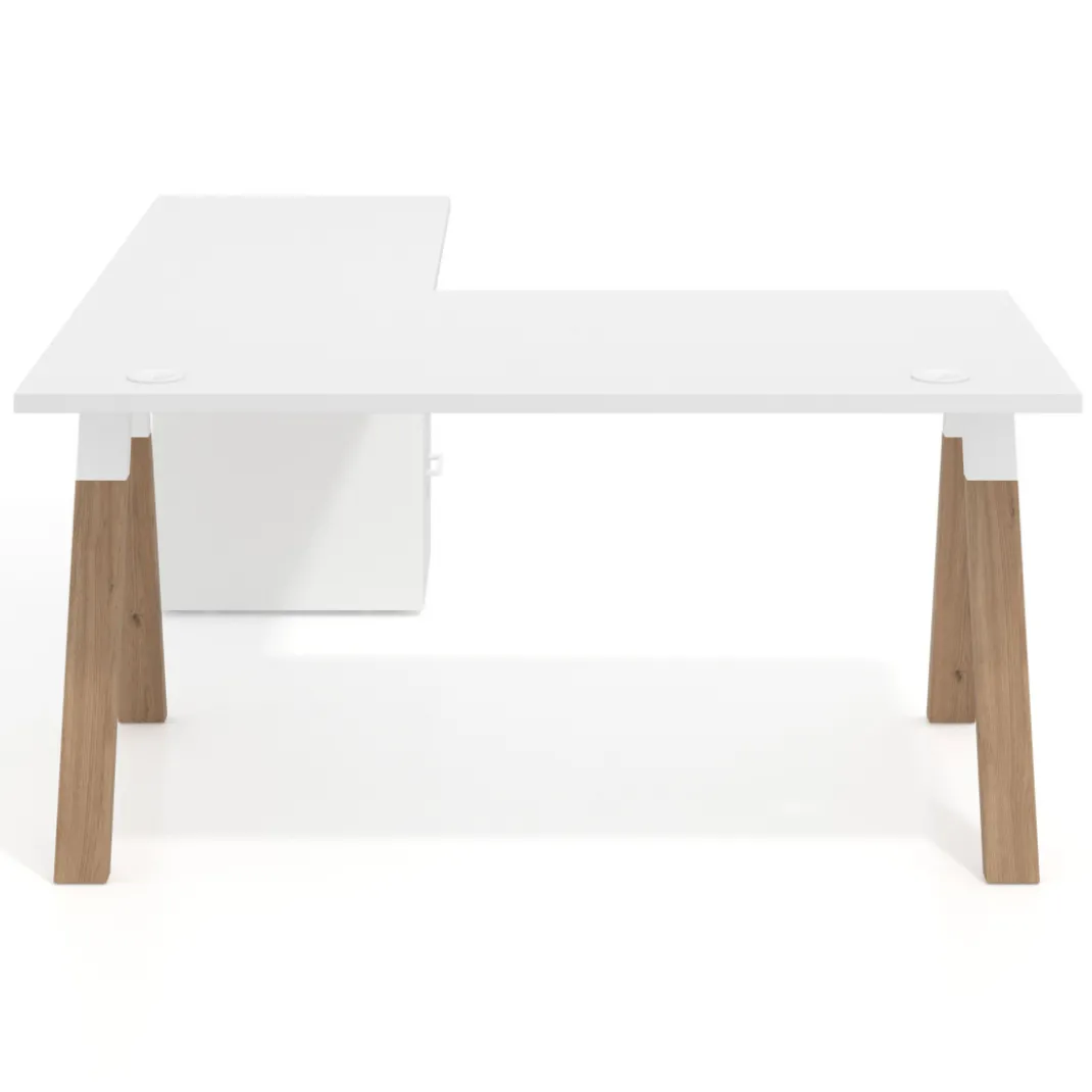 Mesa de escritorio en L con cajones UvePro, estructura blanca/madera, ala pedestal melamina