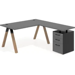 Mesa de escritorio en L con cajones UvePro, estructura negra/madera, ala pedestal melamina