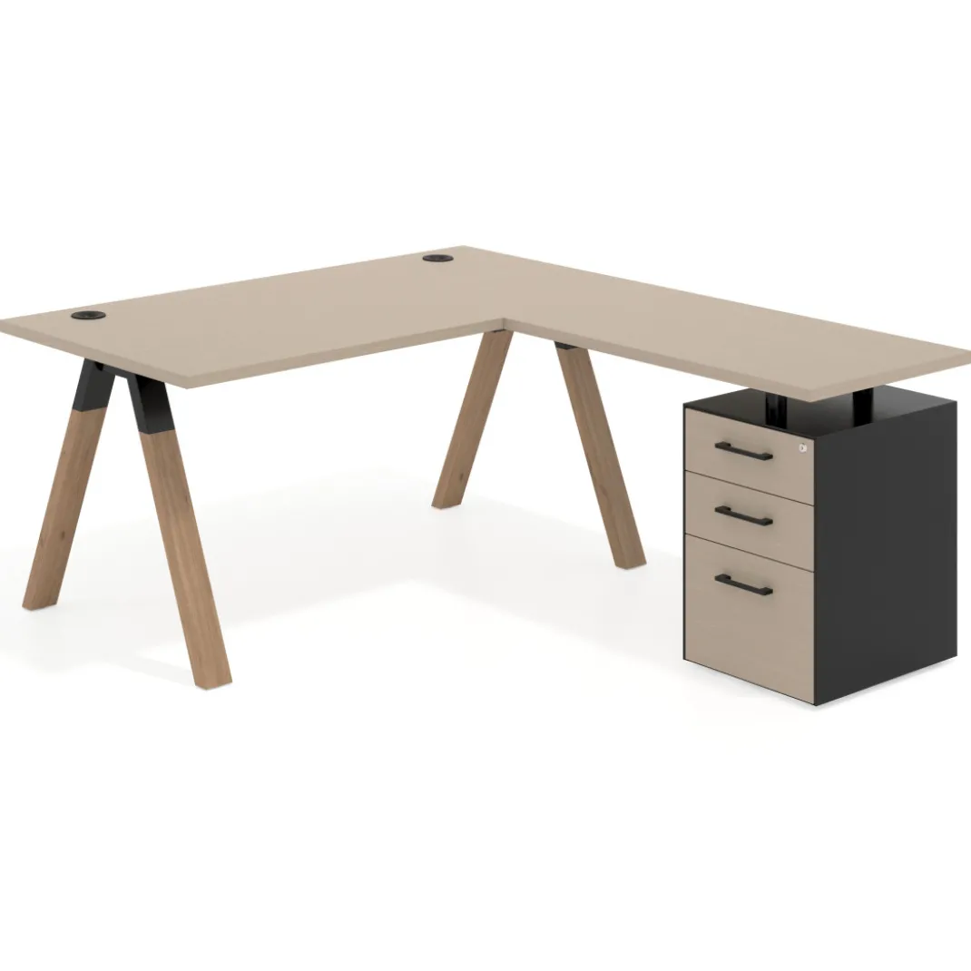 Mesa de escritorio en L con cajones UvePro, estructura negra/madera, ala pedestal melamina