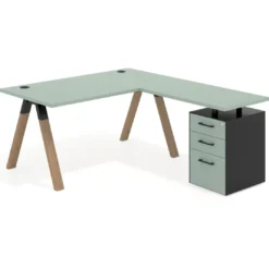 Mesa de escritorio en L con cajones UvePro, estructura negra/madera, ala pedestal melamina