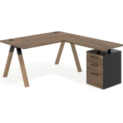 Mesa de escritorio en L con cajones UvePro, estructura negra/madera, ala pedestal melamina