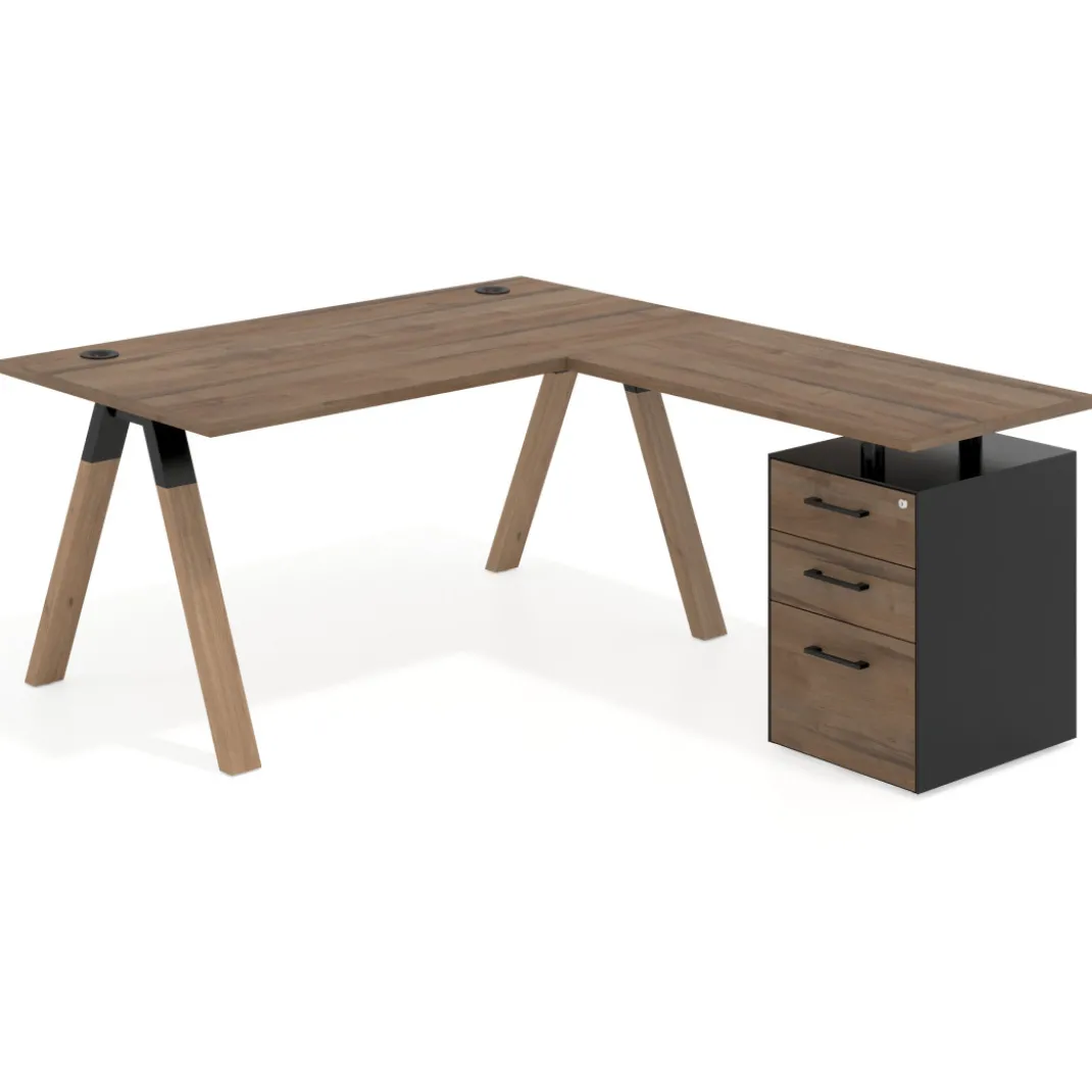Mesa de escritorio en L con cajones UvePro, estructura negra/madera, ala pedestal melamina