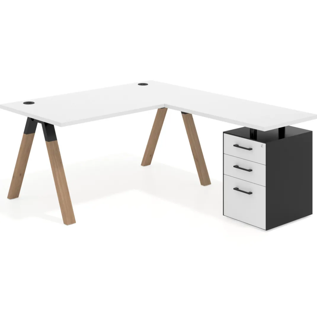 Mesa de escritorio en L con cajones UvePro, estructura negra/madera, ala pedestal melamina