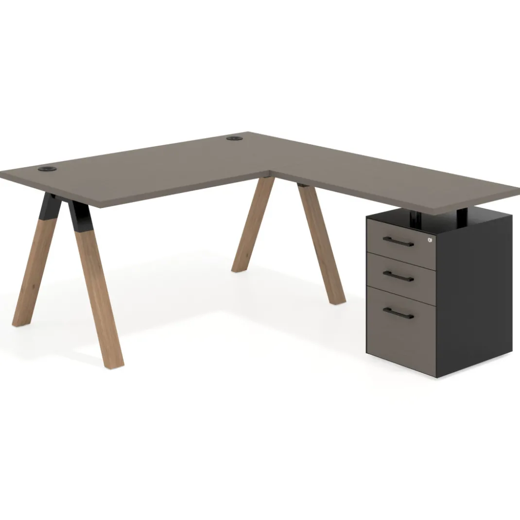 Mesa de escritorio en L con cajones UvePro, estructura negra/madera, ala pedestal melamina