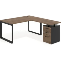 Mesa de escritorio en L con cajones Delta, estructura negra, ala pedestal melamina