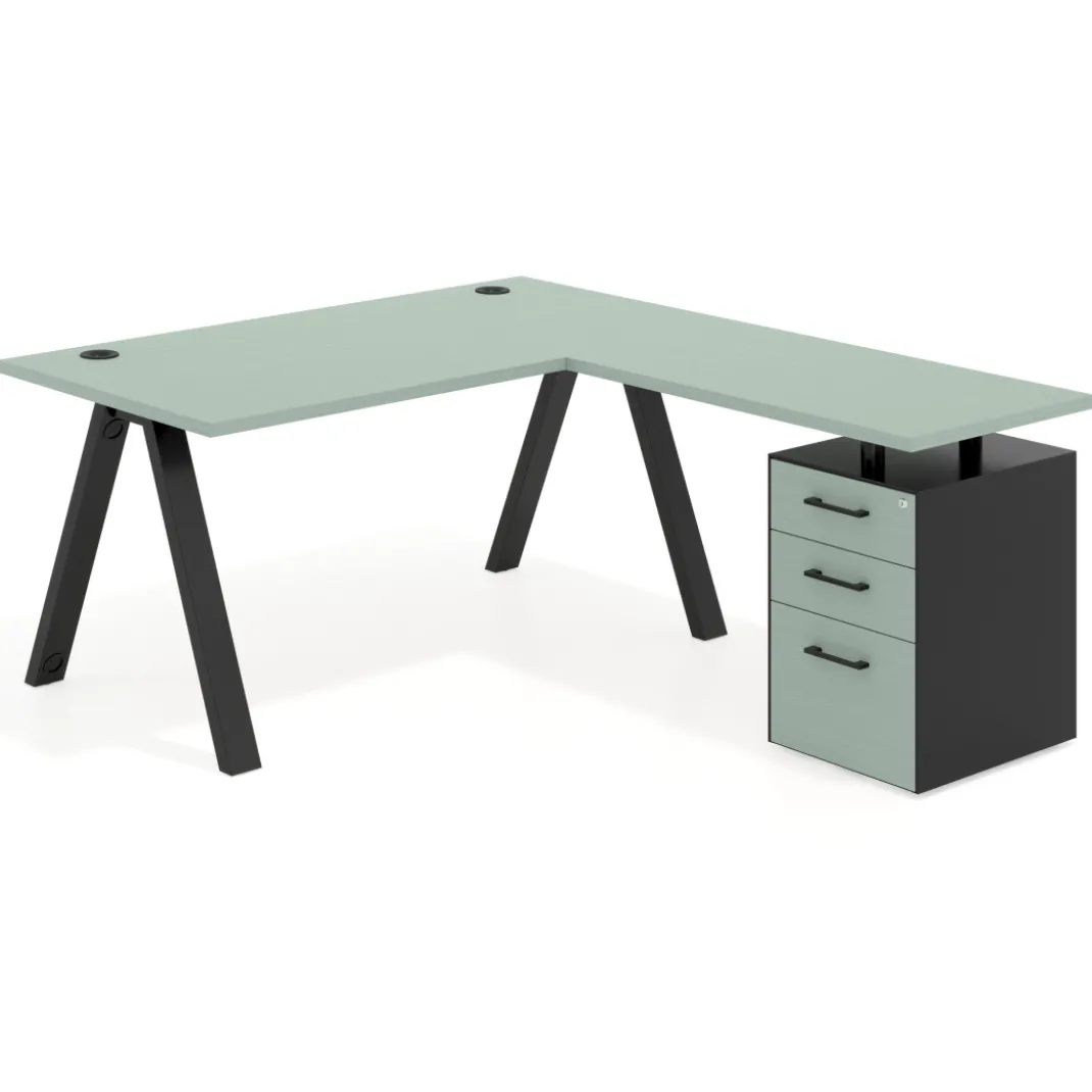 Mesa de escritorio en L con cajones UvePro, estructura negra, ala pedestal melamina