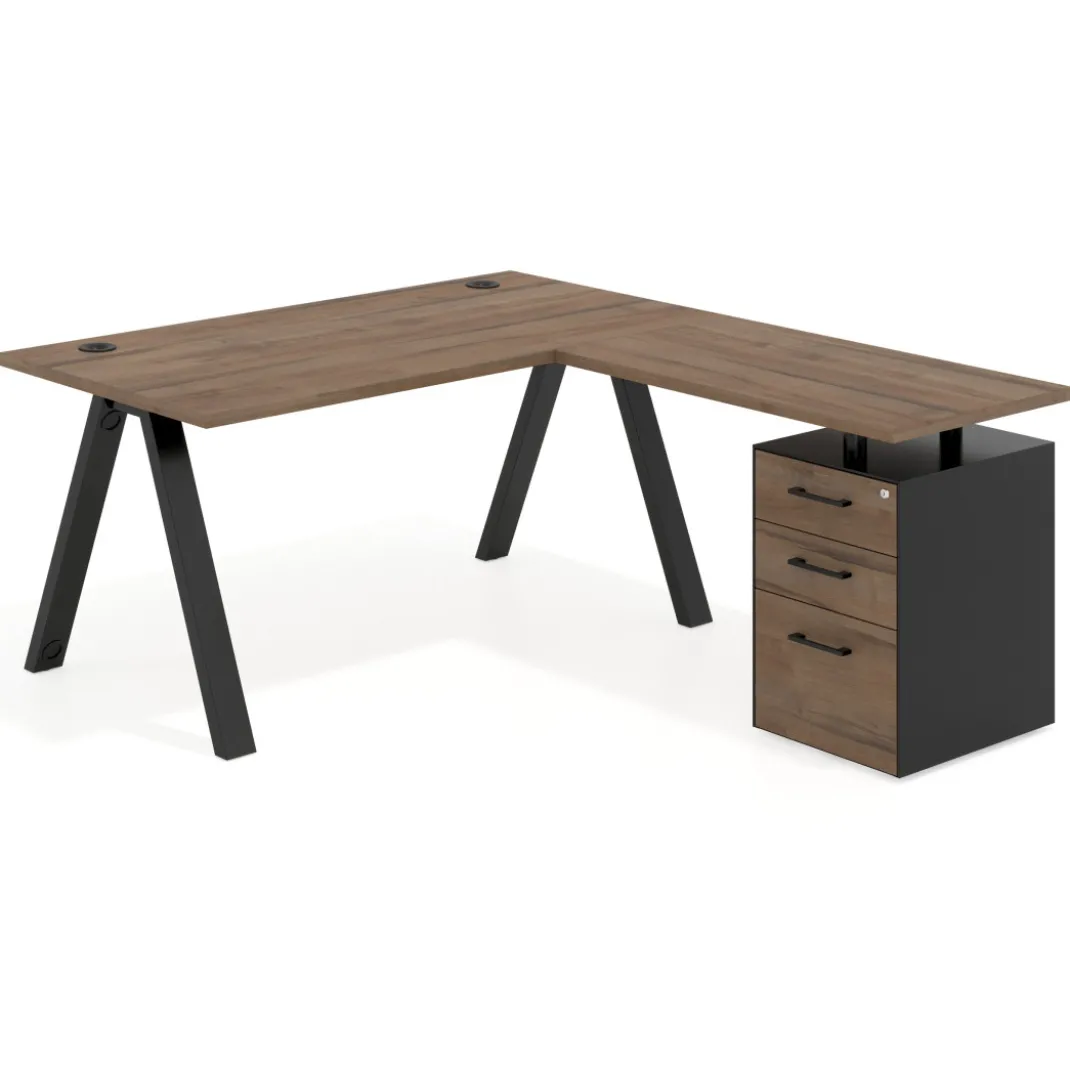 Mesa de escritorio en L con cajones UvePro, estructura negra, ala pedestal melamina