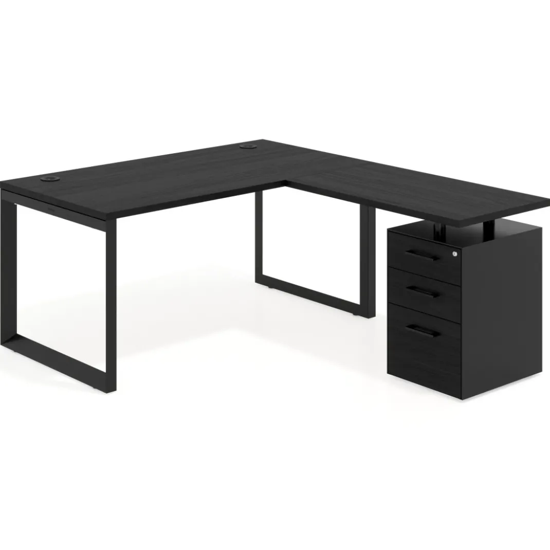 Mesa de escritorio en L con cajones Delta, estructura negra, ala pedestal melamina