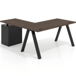 Mesa de escritorio en L con cajones UvePro, estructura negra, ala pedestal melamina