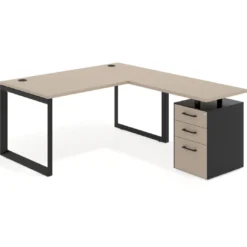 Mesa de escritorio en L con cajones Delta, estructura negra, ala pedestal melamina