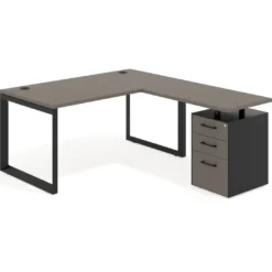 Mesa de escritorio en L con cajones Delta, estructura negra, ala pedestal melamina