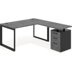 Mesa de escritorio en L con cajones Delta, estructura negra, ala pedestal melamina