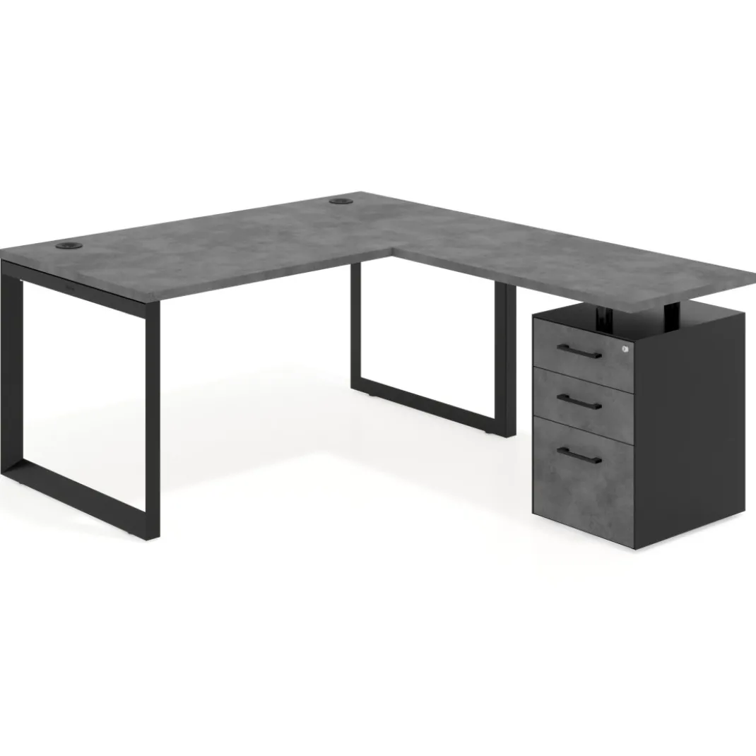 Mesa de escritorio en L con cajones Delta, estructura negra, ala pedestal melamina
