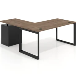 Mesa de escritorio en L con cajones Delta, estructura negra, ala pedestal melamina