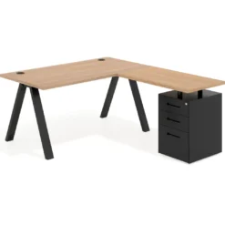 Mesa de escritorio en L con cajones UvePro, estructura negra, ala pedestal metal