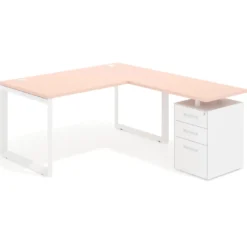 Mesa de escritorio en L con cajones Delta, estructura blanca, ala pedestal metal