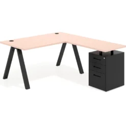 Mesa de escritorio en L con cajones UvePro, estructura negra, ala pedestal metal