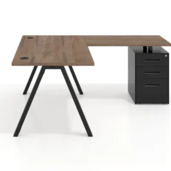 Mesa de escritorio en L con cajones UvePro, estructura negra, ala pedestal metal