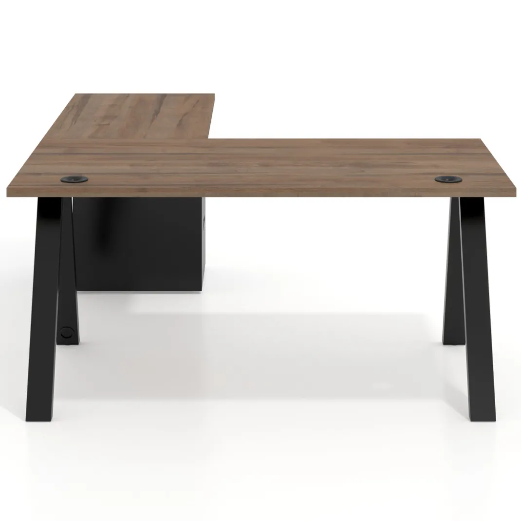 Mesa de escritorio en L con cajones UvePro, estructura negra, ala pedestal metal