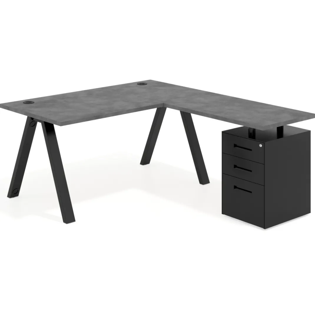 Mesa de escritorio en L con cajones UvePro, estructura negra, ala pedestal metal