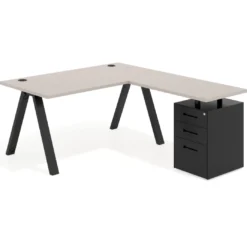 Mesa de escritorio en L con cajones UvePro, estructura negra, ala pedestal metal