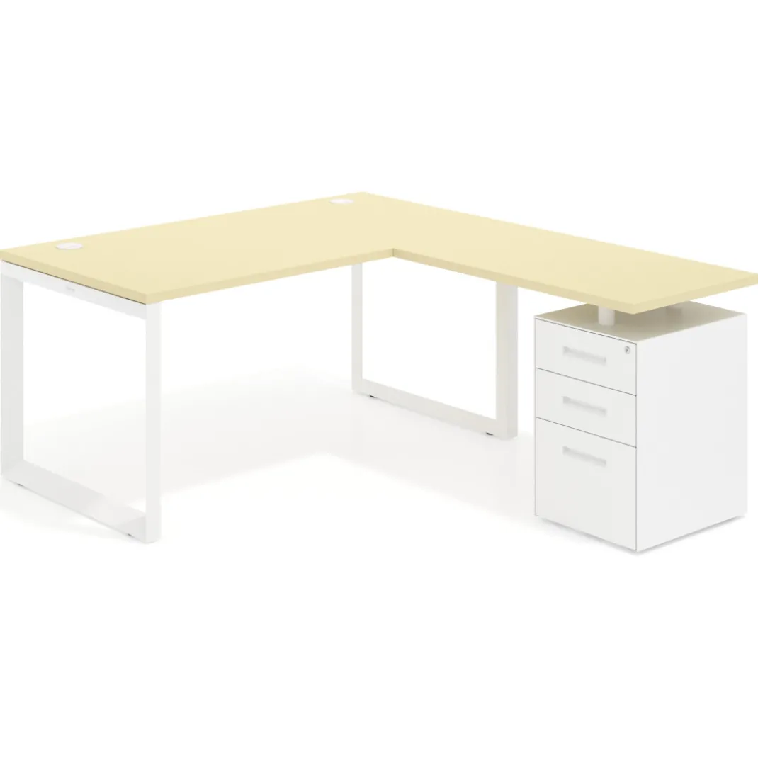 Mesa de escritorio en L con cajones Delta, estructura blanca, ala pedestal metal