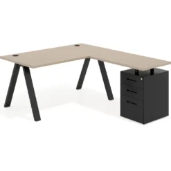 Mesa de escritorio en L con cajones UvePro, estructura negra, ala pedestal metal