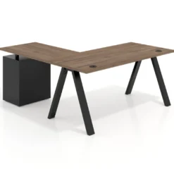 Mesa de escritorio en L con cajones UvePro, estructura negra, ala pedestal metal