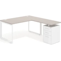 Mesa de escritorio en L con cajones Delta, estructura blanca, ala pedestal metal